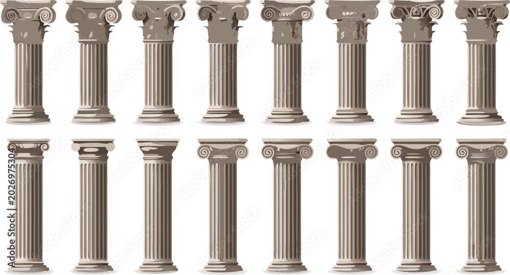 Fototapeta premium Ancient Greek Column Illustration Set Featuring Classical Roman Pillars, Architectural Stone Columns, and Historic Temple Design Elements