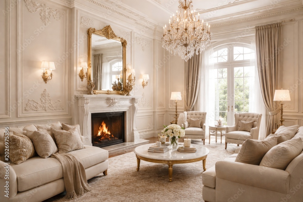 Fototapeta premium Refined beige and white home interior with fireplace and ornate moldings illustration template