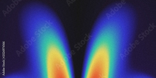 Foto Abstract symmetrical background featuring grainy texture, fluid color gradients (blue, green, yellow, orange) against a dark base
