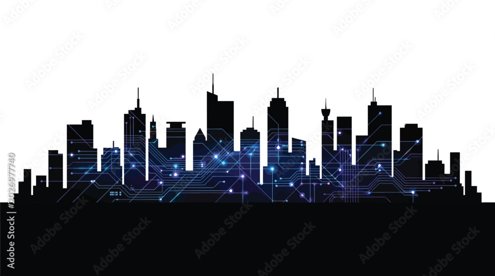 Fototapeta premium Digital city skyline illustration featuring glowing circuit board patterns integrated into a modern urban silhouette design