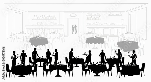 Restaurant Interior Silhouette with Waiters Serving Customers