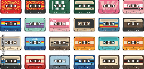 Foto Retro Cassette Tape Illustration Set Featuring Vintage Audio Cassettes, Music Re