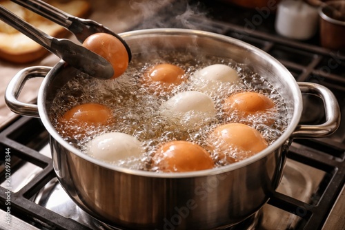 Making hard boiled eggs by boiling in a kitchen pot
