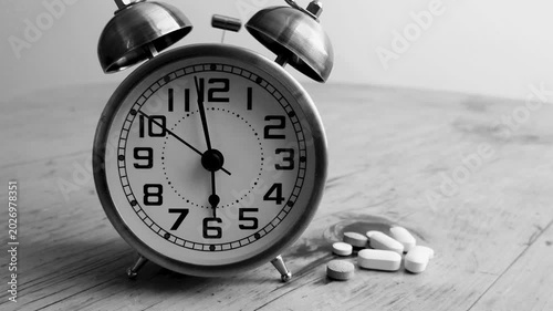 Black and white 1950's style movie of pills and alarm clock 