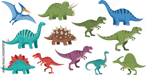 Cuadro en lienzo Dinosaur Illustration Set Featuring Tyrannosaurus, Triceratops, Stegosaurus, Pte