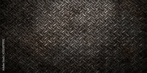Photos Dark Industrial Diamond Plate Metal Vector Background with Grungy Tread Texture