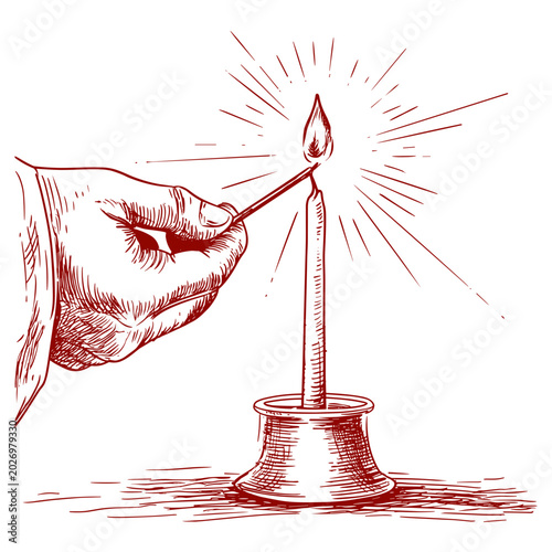 Hand lighting candle in terracotta vintage doodle style for Thanksgiving day  