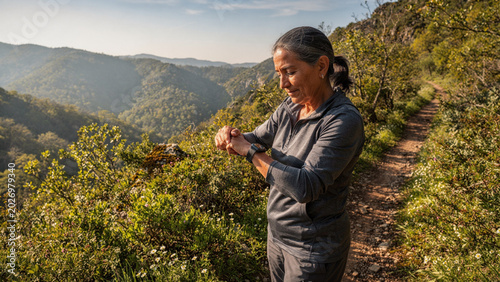 Active senior woman checking her smartwatch while hiking on a scenic mountain trail