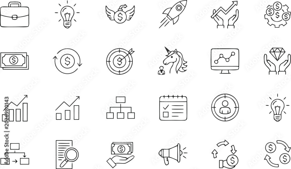 Fototapeta premium Business Growth and Startup Line Icon Vector Collection Featuring Innovation, Investment, Leadership, Analytics, and Financial Success Symbols