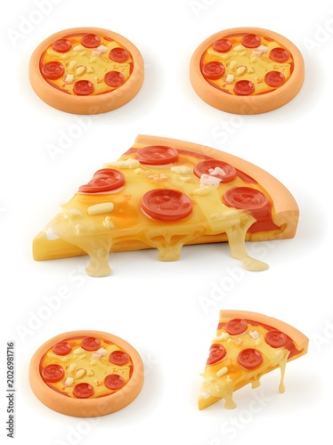 pizza icon with melted stretchy cheese 3d rendering isolated on white background cartoon plastic style icon