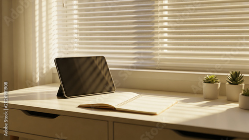 Cozy Workspace with Warm Desk Lamp and Tablet
