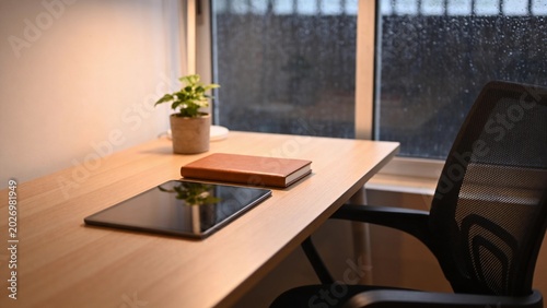 Cozy Workspace with Warm Desk Lamp and Tablet