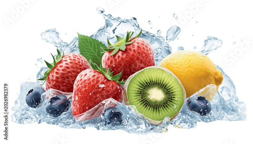 Fresh Fruit Splash with Water and Ice Cubes