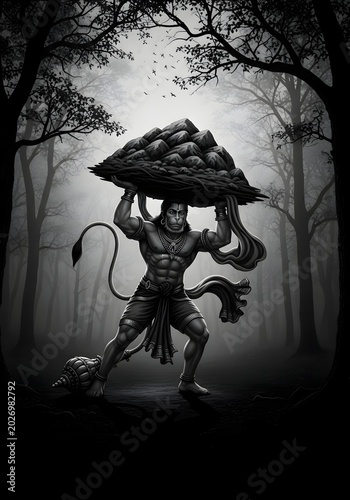 Hanuman Carrying Mountain with Medicinal Herbs in Dark Monochrome Forest - Symbol of Strength, Devotion, and Hindu Mythology