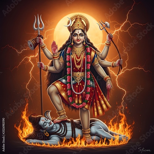 Hindu Goddess Durga Standing Triumphantly on Lord Shiva, Surrounded by Fiery Flames and Divine Lightning Under a Full Moon