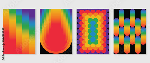 Pride month poster templates with rainbow gradient geometric stripes, abstract square backgrounds, floral circle pattern and rounded bar design vector set.
