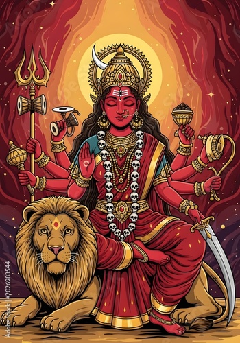 Powerful Hindu Goddess Durga Riding Majestic Lion with Multiple Arms Holding Divine Weapons Against Vibrant Spiritual Background