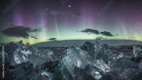 Arctic Ice Landscape with Aurora Borealis Display.