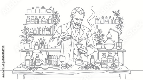 Fotografie Vintage scientist in lab, conducting experiment with plants and glassware