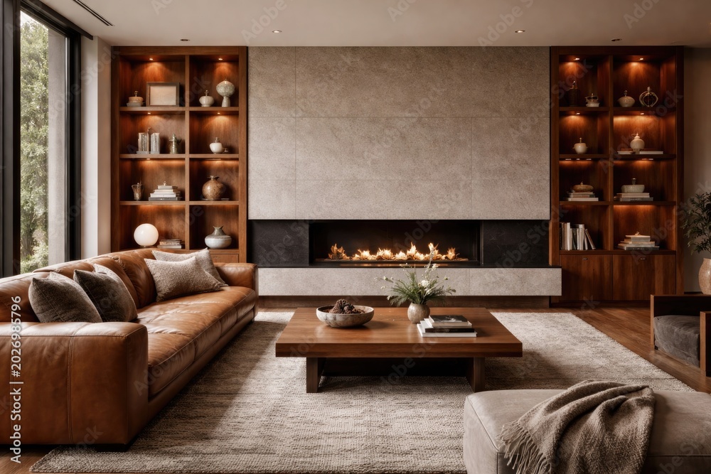 Fototapeta premium Stylish living space including leather sofa wood table integrated shelving and fireplace with copy space