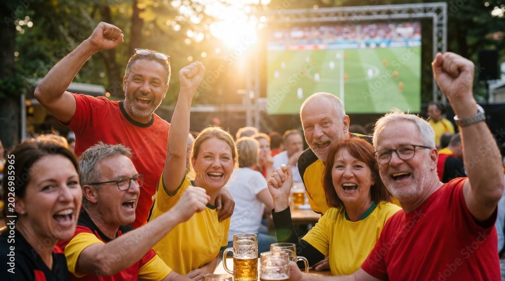 Fototapeta premium Cheerful german football soccer fans celebrating victory at outdoor public viewing event with beer