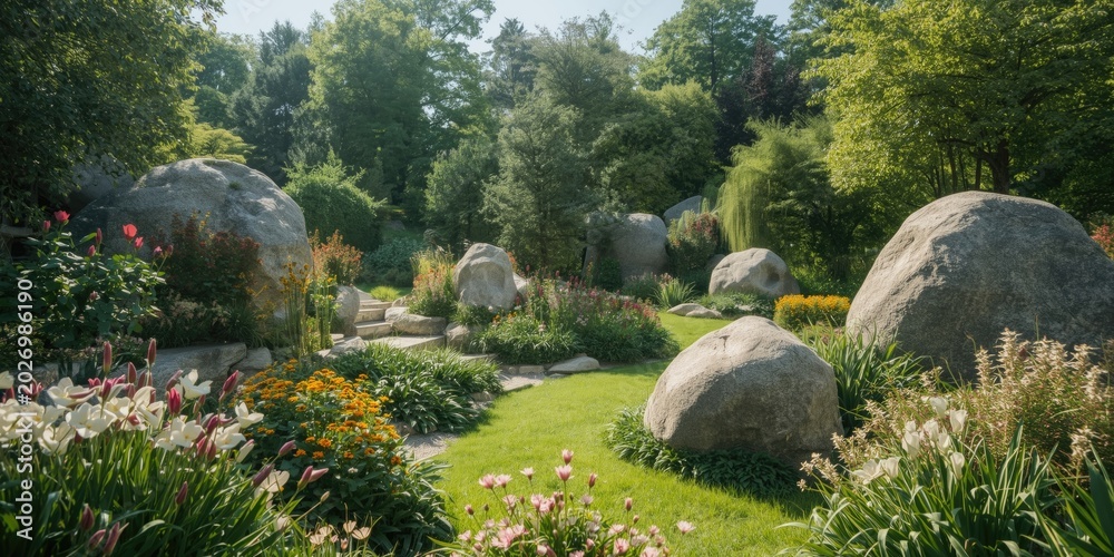 Fototapeta premium Bright garden vista featuring striking large boulders and flourishing flowers amidst green foliage and natural light copy space