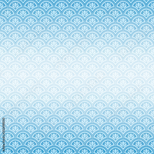 Seamless pattern inspired by traditional Japanese Seigaiha motifs, featuring repeating fan-shaped floral designs in soft pastel blue and white tones.