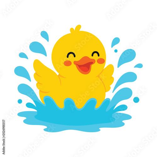 Quadro su tela Cute yellow duck splashing water with open wings and happy face.