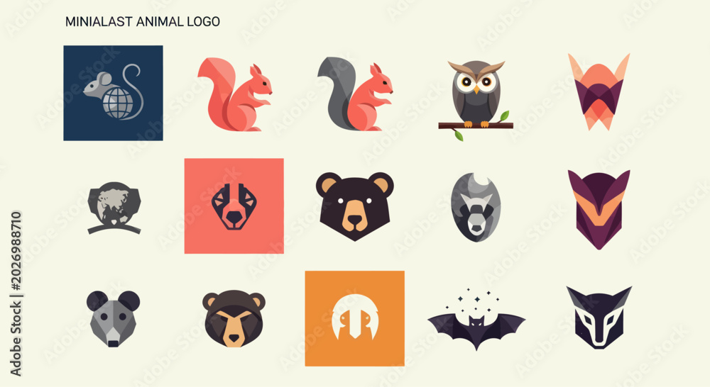 Fototapeta premium Cute Animal Logos and Icons Set: Owl, Bear, Squirrel, Mouse, Bat, Wolf