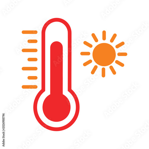 Fotografía Thermometer showing high temperature with bright sun icon.