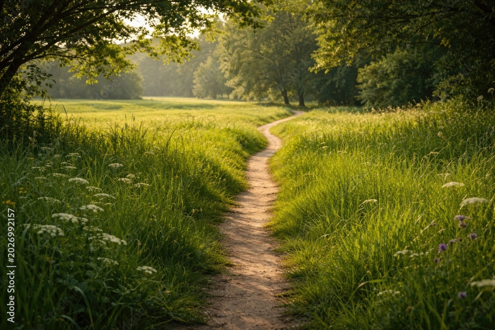 Fototapeta premium tranquil footpath stretching through a thriving emerald grassland setting