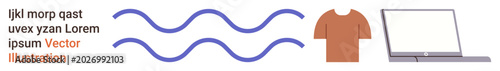 Graphic design, branding, technology, e-commerce, clothing, digital content. Abstract waves, T-shirt laptop and placeholder text. Branding and technology concept for diverse media use