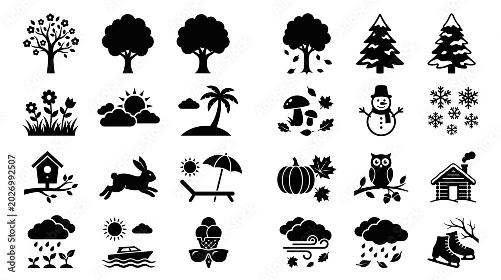 Obraz premium A set of seasonal icons and symbols in a flat minimal design on transparent background