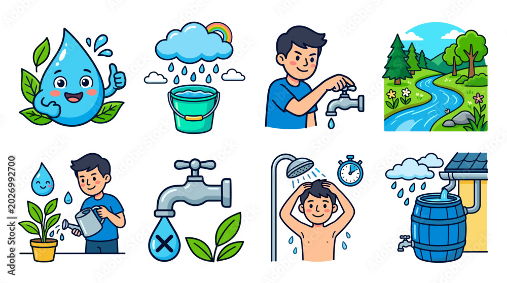 Fototapeta premium A colorful vector graphic illustration of water conservation and usage icons on transparent background