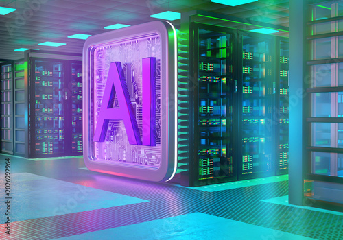 Data center infrastructure and artificial intelligence computing. AI processor operates in server room with high performance cloud technology systems. 3D image