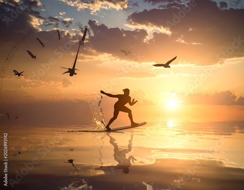 Silhouette of surfer on water at sunset with birds overhead