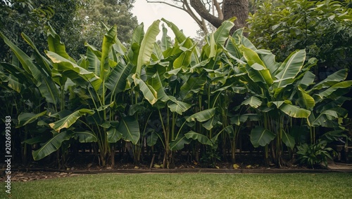 Tropical Banana Plants Creating Dense Garden Fencing Backyard Setting, Lush Greenery