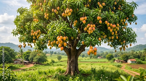 Large mango tree with ripe fruits in lush green countryside landscape under bright daylight