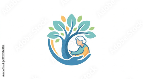 Elderly person under a nurturing tree symbolizing care and growth.