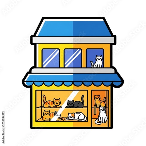 Brightly colored cartoon building with cats in windows