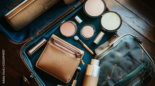 Travel Makeup Essentials Flat Lay on Suitcase Minimal Beauty Arrangement