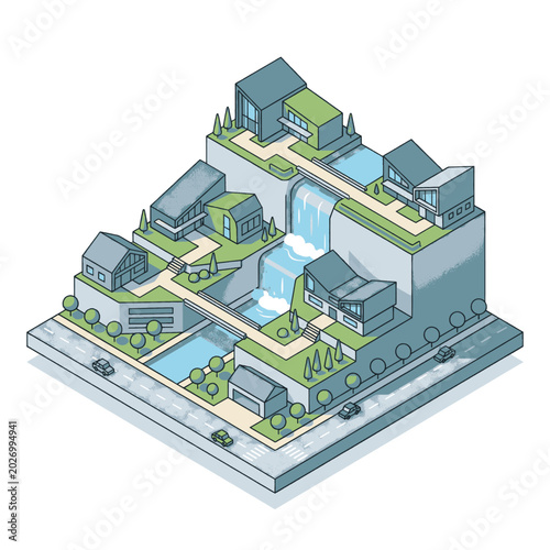 Isometric illustration of a modern eco-friendly village nestled on a hillside with a waterfall.