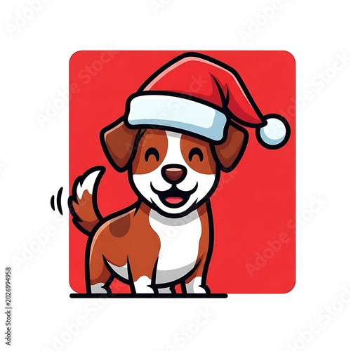 Cheerful cartoon dog in Santa hat on red background