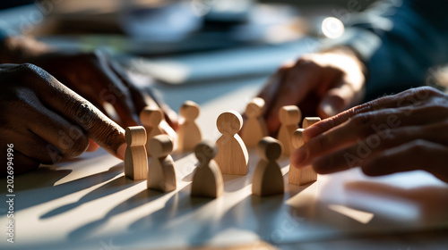 A pair of hands arranging small wooden people figures in a protective circle on a bright desk one larger figure placed at the centre the figures casting long clean shadows