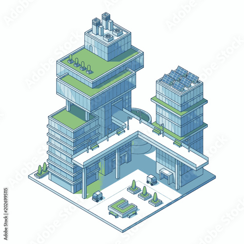 Modern eco-friendly office building complex with green roofs and solar panels, isometric view.
