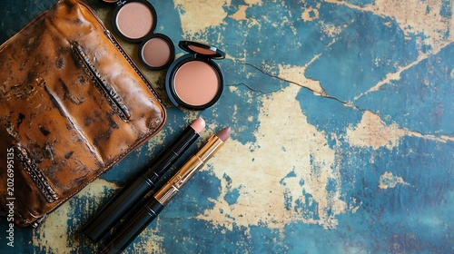 Travel Makeup Essentials Flat Lay on Suitcase Minimal Beauty Arrangement