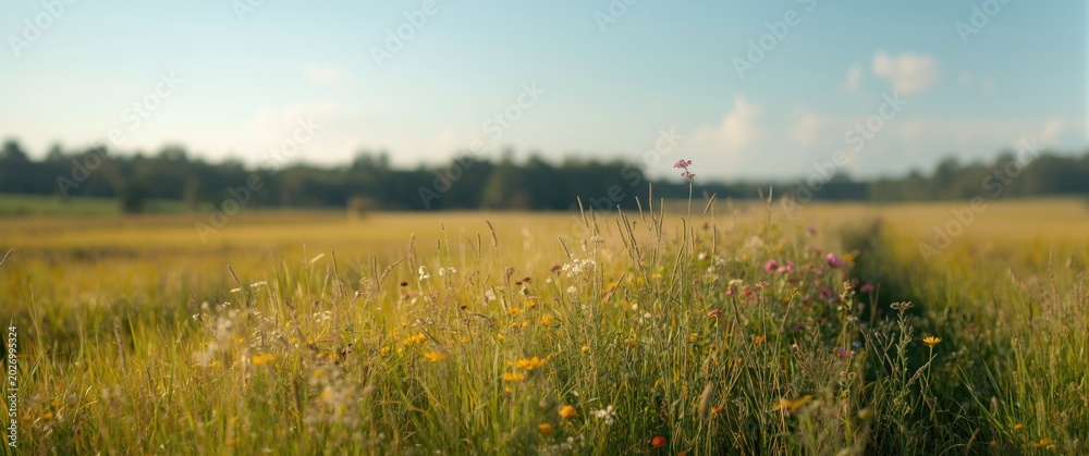 Fototapeta premium An abundant summer meadow rich with hay growth and diverse natural plants