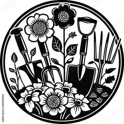 Gardening tools, flowers, and plants, black and white vector illustration, gardening icons, floral emblem