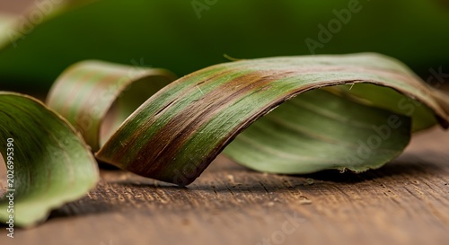 Close-up of Curled Aloe Vera Leaf Peelings on Wood.