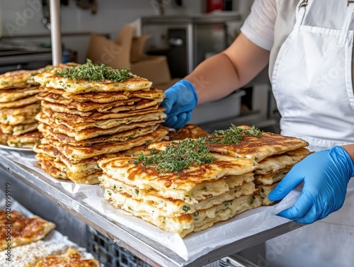 Female chef presenting stacks of flatbreads in commercial kitchen